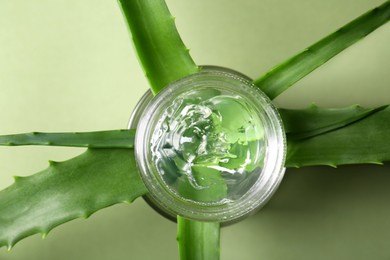 Photo of Aloe leaves and cosmetic gel on olive background, flat lay