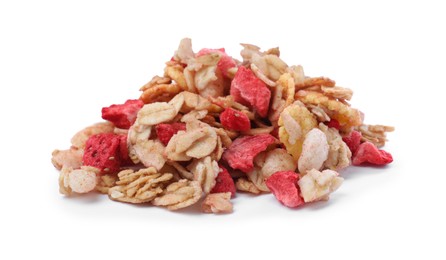 Photo of Pile of granola on white background. Healthy snack