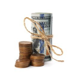 Photo of Roll of dollar bills tied with rope and coins isolated on white