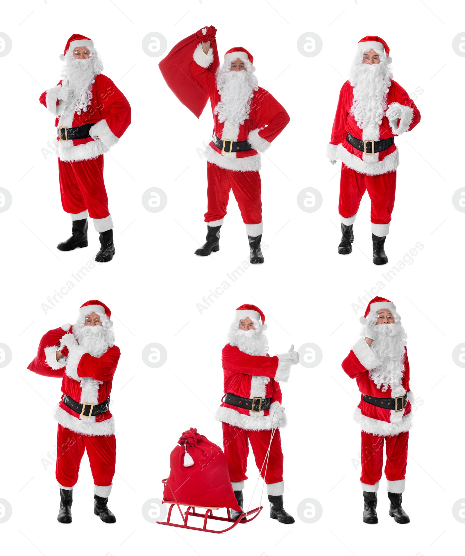 Image of Santa Claus on white background, set of photos. Christmas celebration