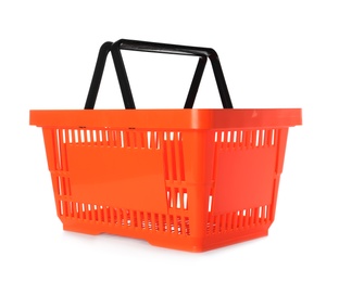 Photo of Color plastic shopping basket on white background