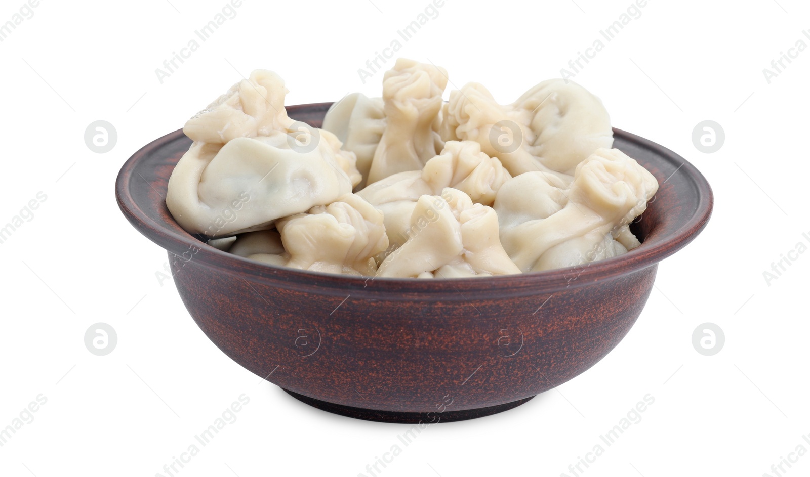 Photo of Tasty khinkali (dumplings) in bowl isolated on white. Georgian cuisine