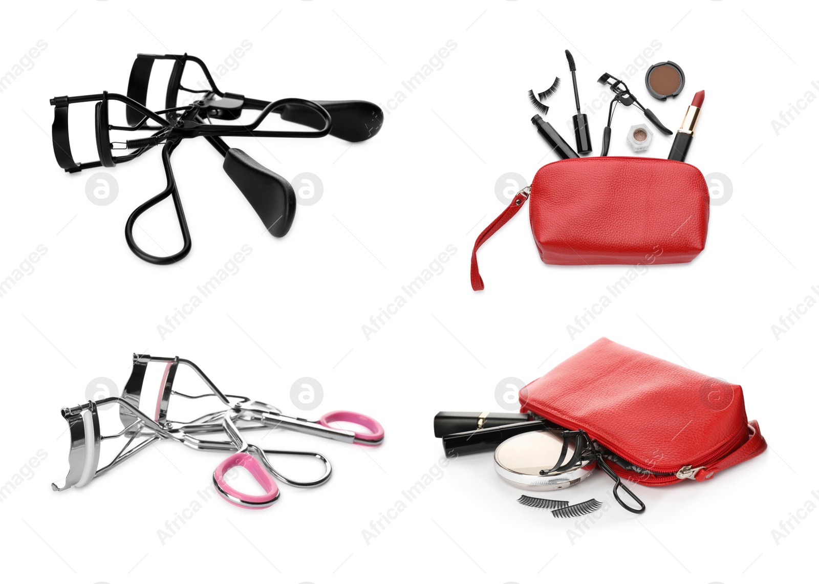 Image of Cosmetic bags with makeup products and eyelash curlers on white background, collage