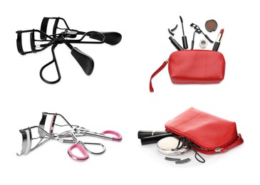 Image of Cosmetic bags with makeup products and eyelash curlers on white background, collage