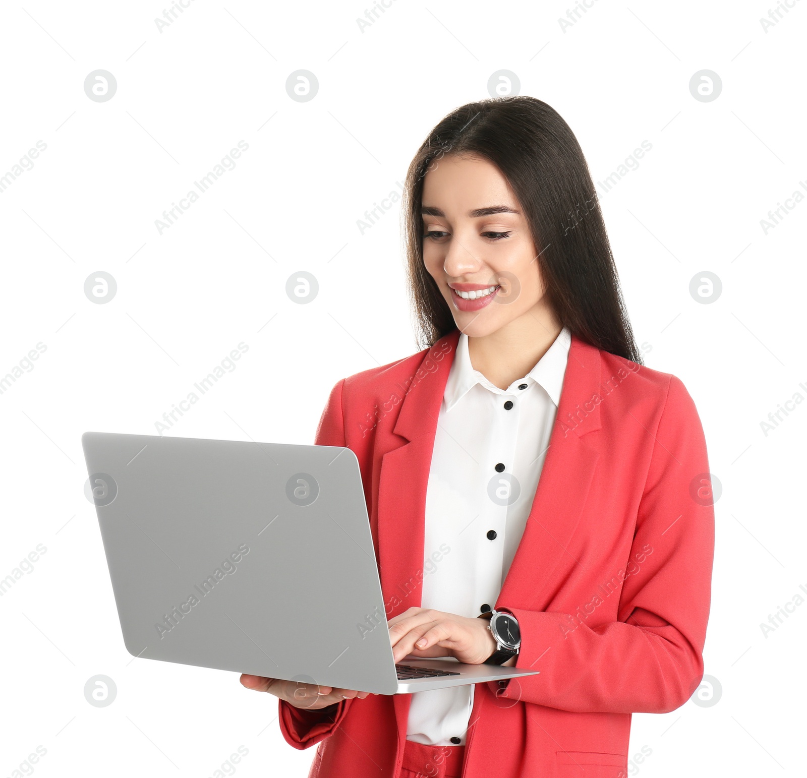 Photo of Portrait of young woman in office wear with laptop on white background