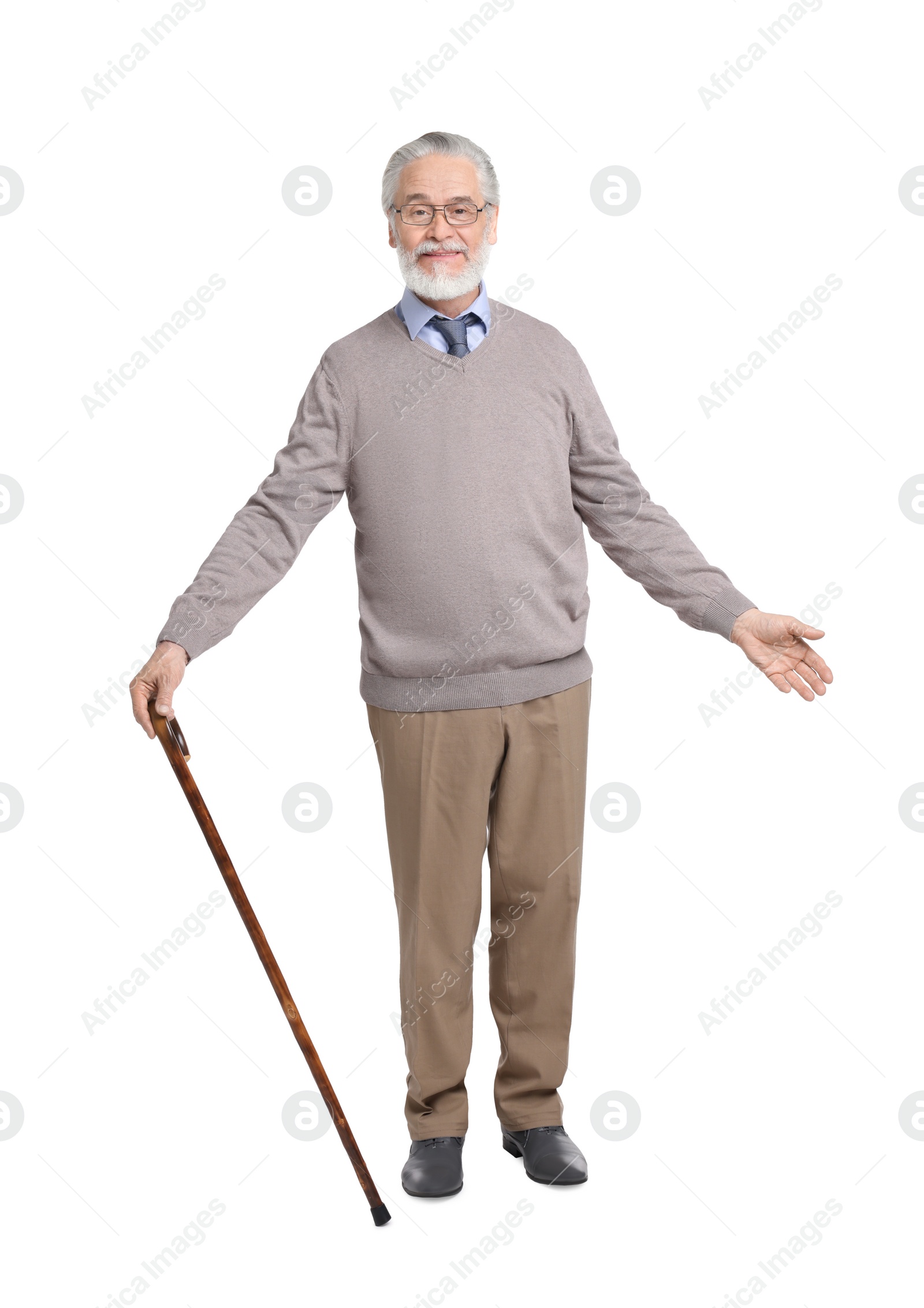 Photo of Senior man with walking cane on white background