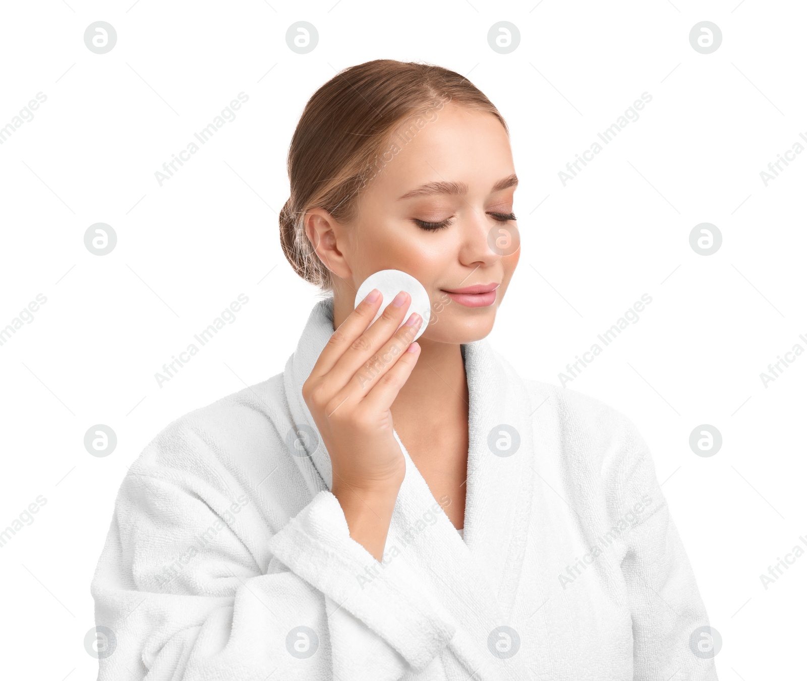 Photo of Beautiful young woman with cotton pad on white background