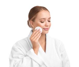 Photo of Beautiful young woman with cotton pad on white background