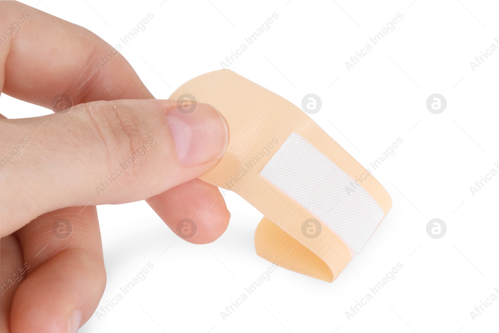 Photo of Woman with medical adhesive bandage isolated on white, closeup