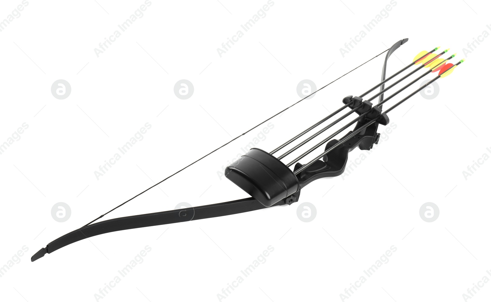Photo of Black bow and plastic arrows on white background. Archery sports equipment