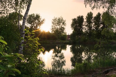 Photo of Picturesque view of lake at sunrise. Morning landscape