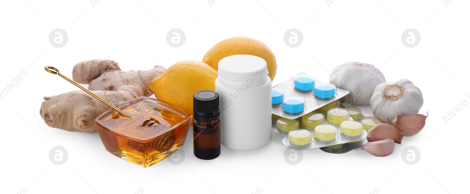 Photo of Cold remedies, pills and syrup isolated on white. Cough treatment