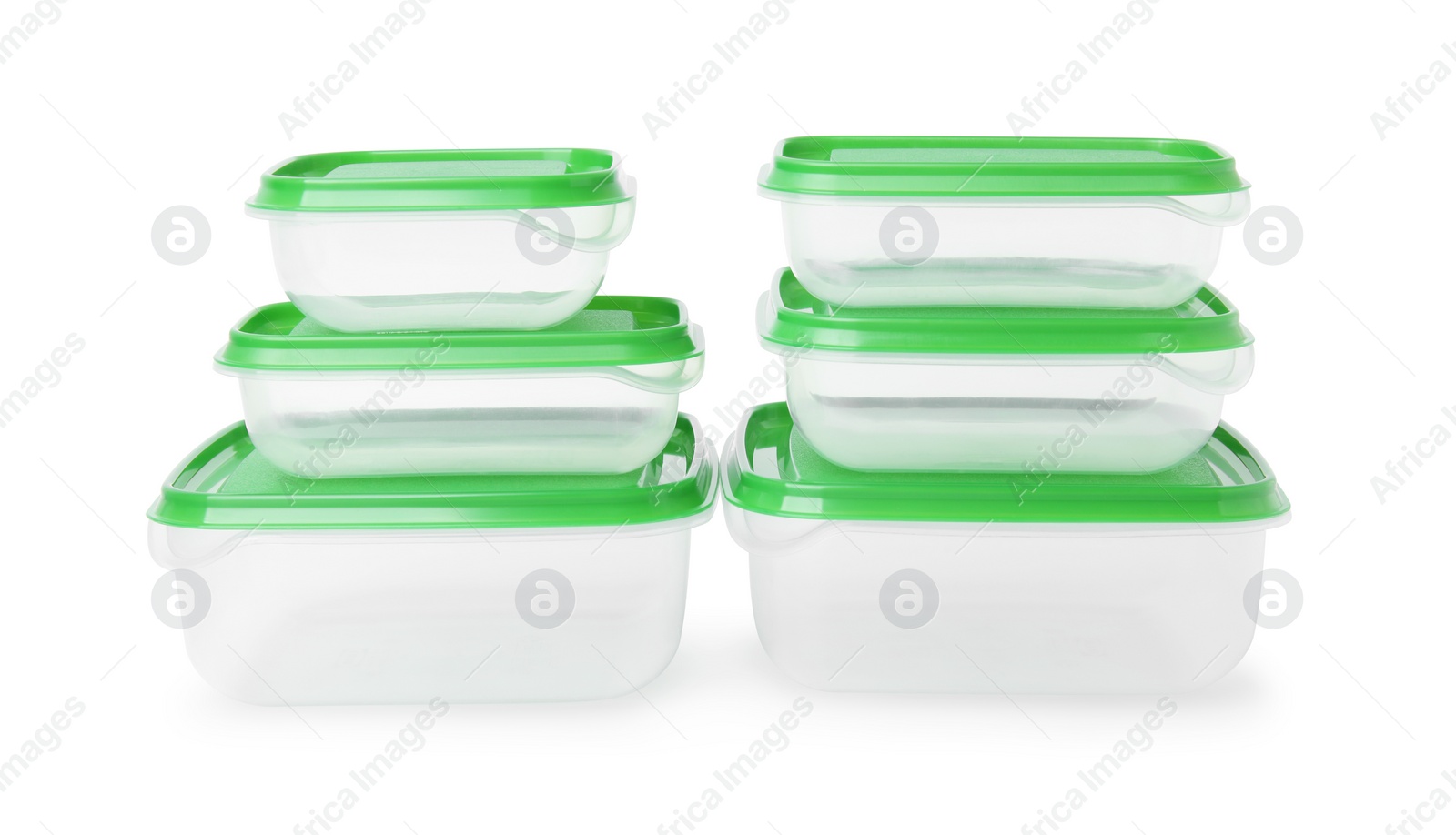 Photo of Empty plastic containers on white background. Food storage