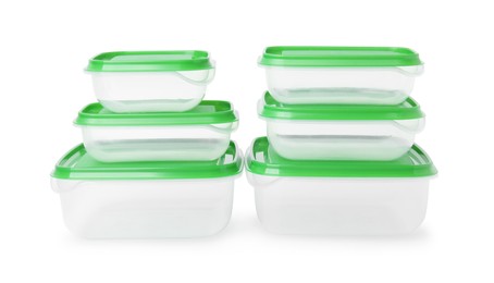 Photo of Empty plastic containers on white background. Food storage