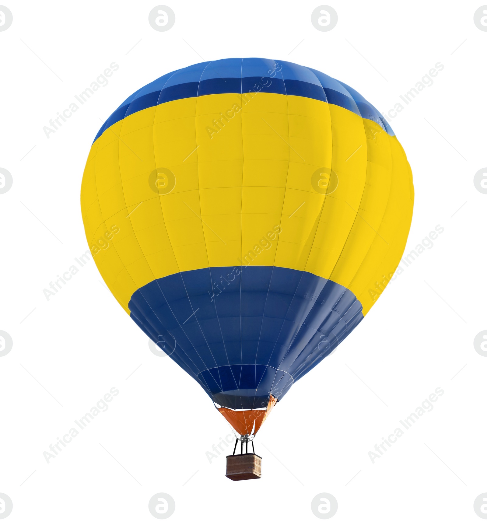 Image of Bright hot-air balloon with wicker basket on white background