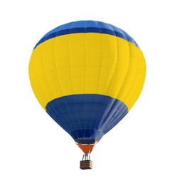 Image of Bright hot-air balloon with wicker basket on white background