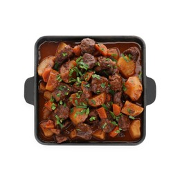 Photo of Delicious beef stew with carrots, parsley and potatoes on white background, top view