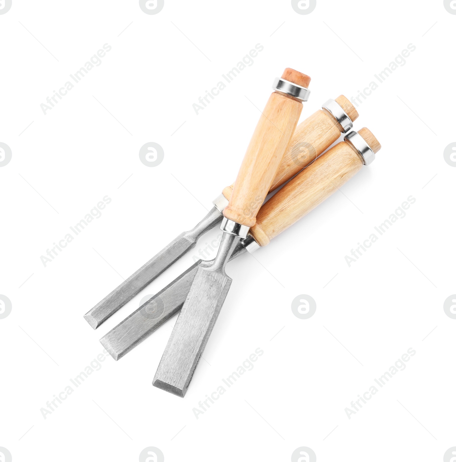 Photo of Modern chisels isolated on white. Carpenter's tools