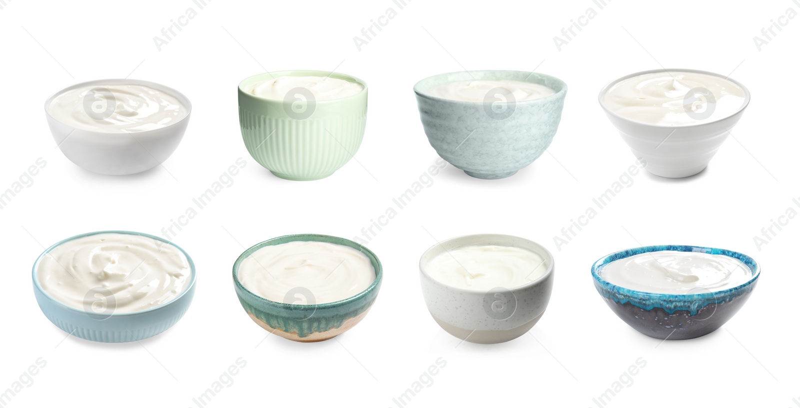 Image of Set of delicious natural yogurt in bowls on white background. Banner design