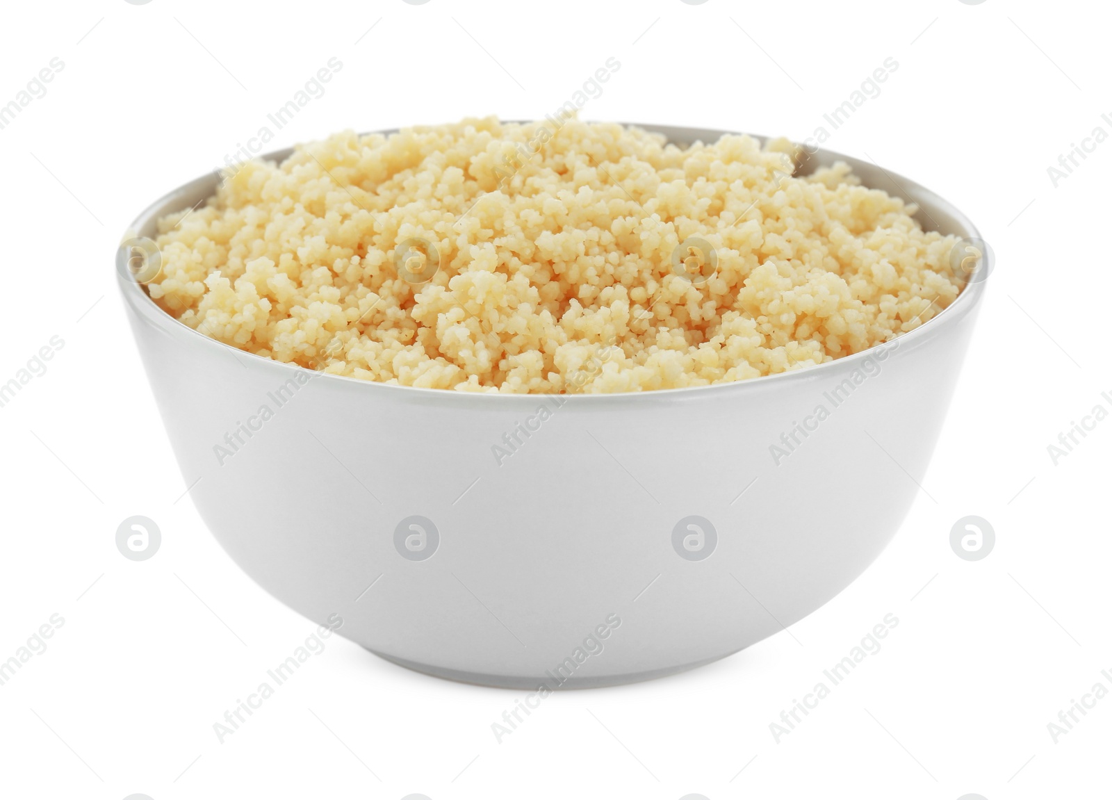 Photo of Bowl of tasty couscous on white background