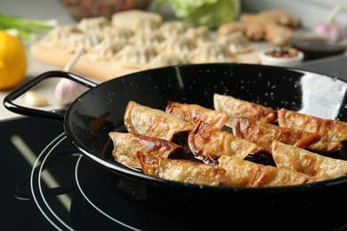 Photo of Cooking gyoza on frying pan with hot oil in kitchen, closeup