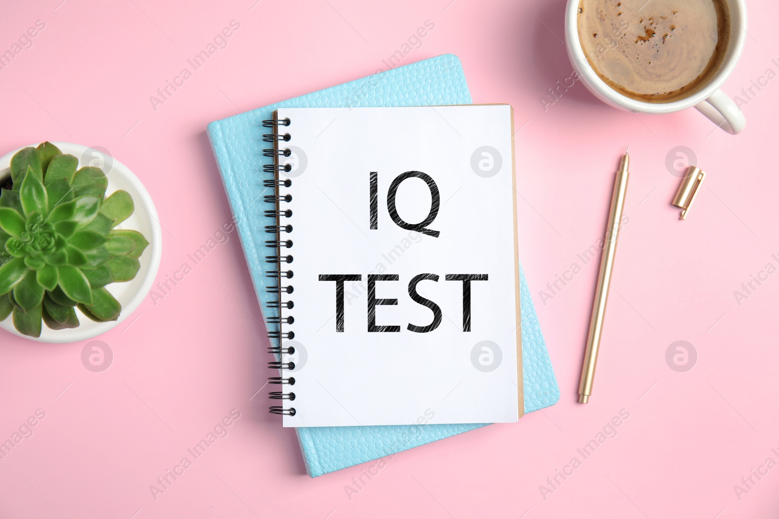 Image of Notebook with text IQ Test, pen, plant and cup of coffee on pink background, flat lay