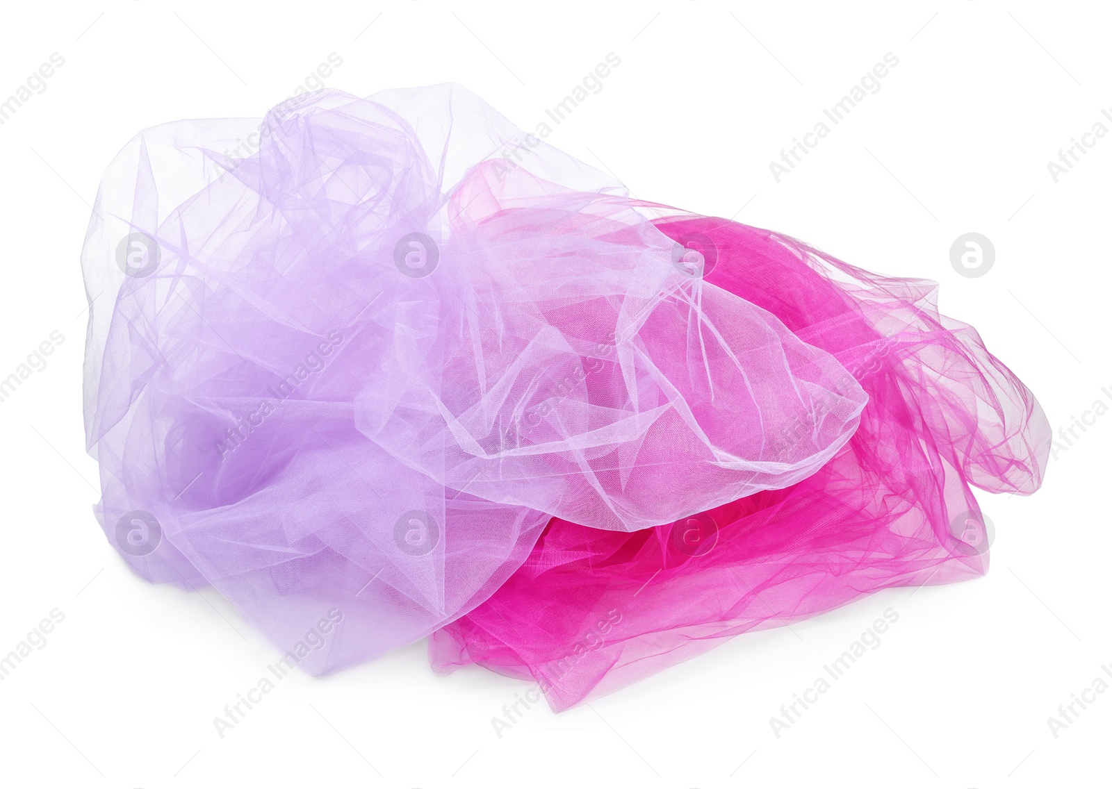 Photo of Beautiful colorful tulle fabrics on white background