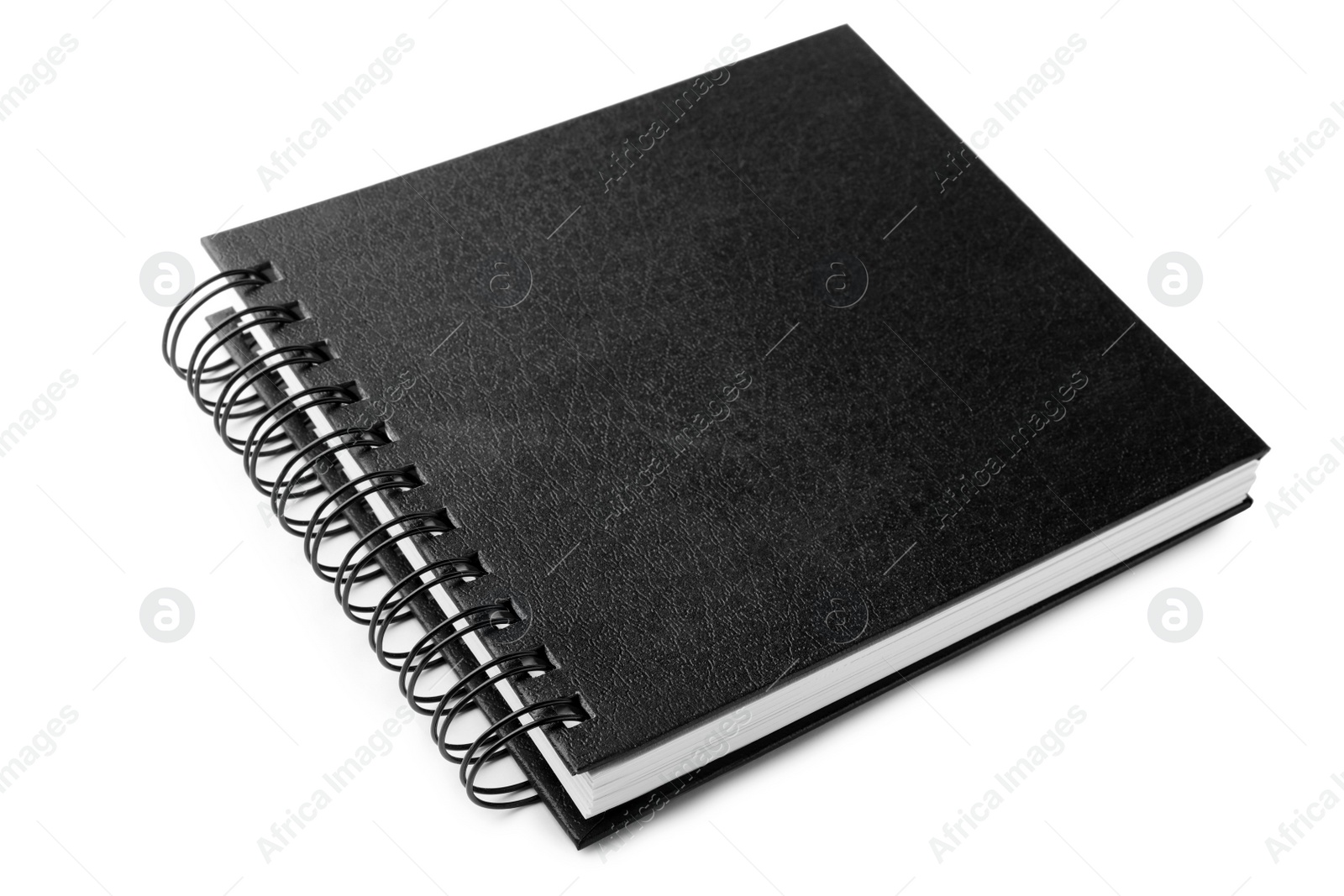 Photo of Stylish black spiral notebook isolated on white