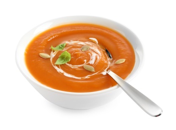 Photo of Bowl of tasty sweet potato soup with spoon isolated on white