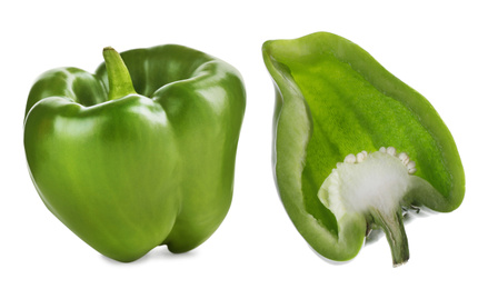 Image of Ripe green bell peppers on white background
