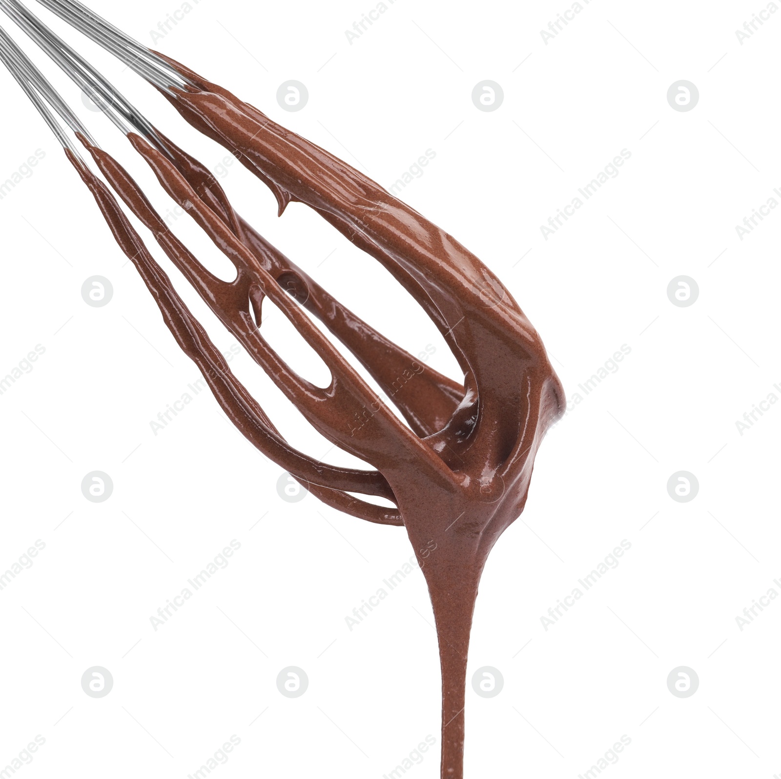 Photo of Chocolate cream flowing from whisk isolated on white