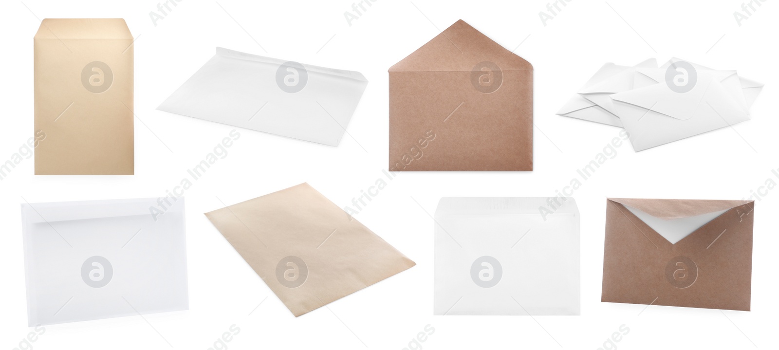 Image of Set with different blank paper envelopes on white background. Banner design