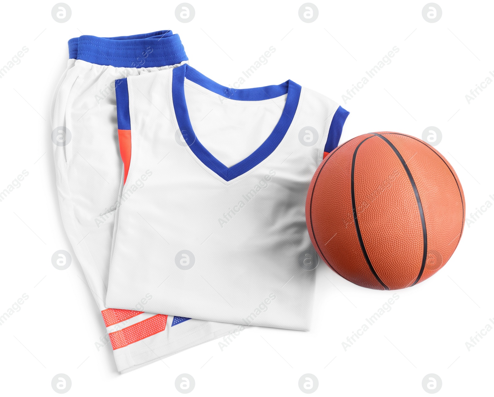 Photo of Basketball uniform and ball on white background, top view