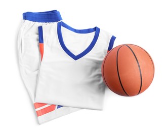 Photo of Basketball uniform and ball on white background, top view