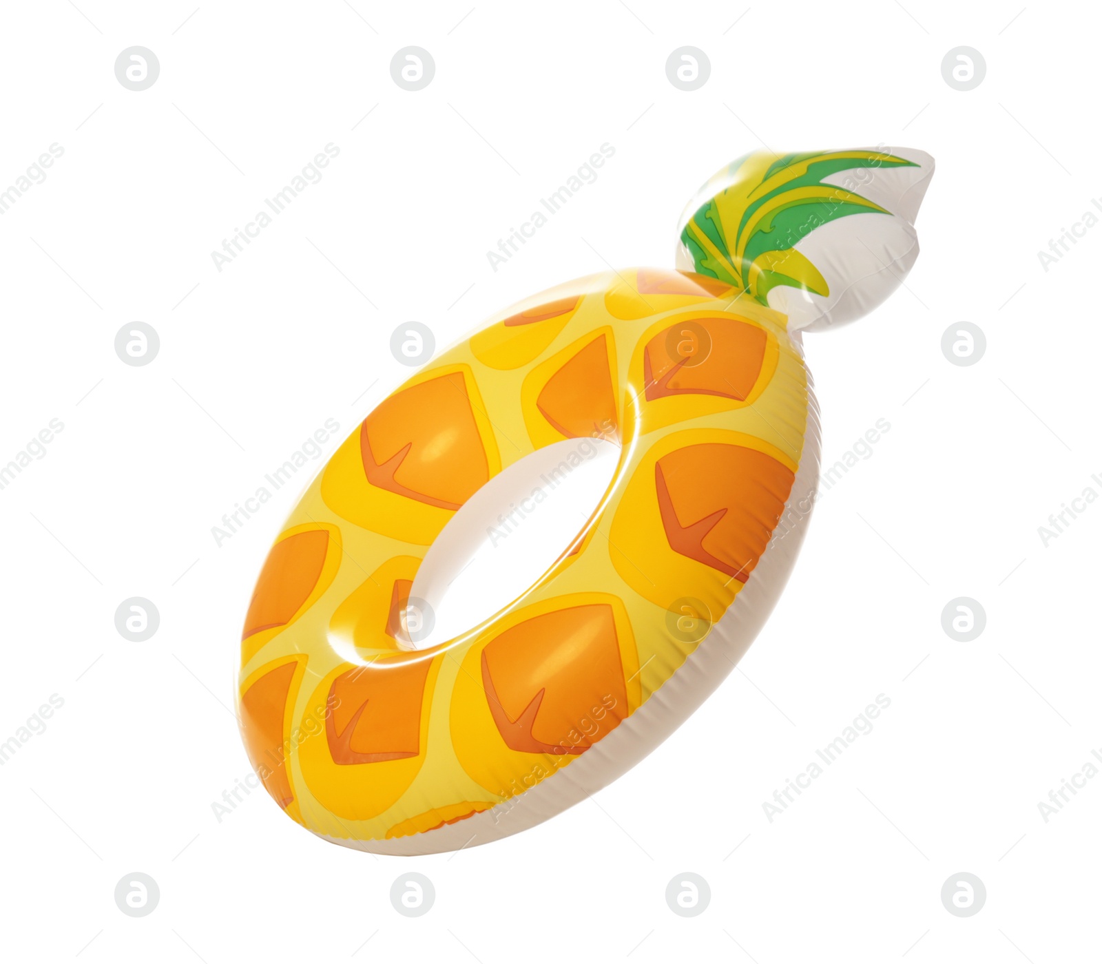 Photo of Bright inflatable ring in shape of pineapple on white background. Summer holidays