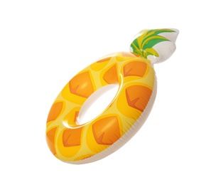 Photo of Bright inflatable ring in shape of pineapple on white background. Summer holidays