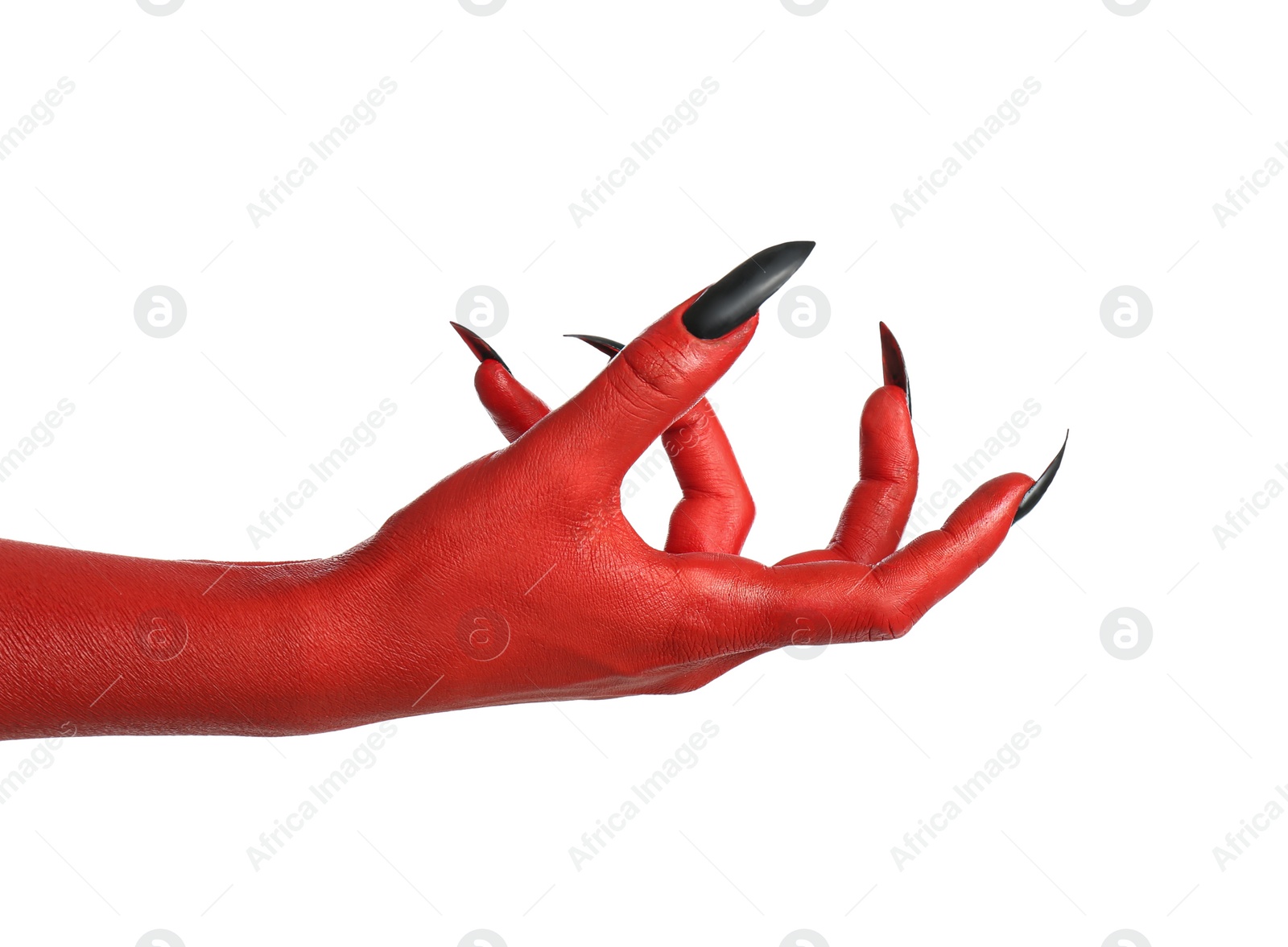 Photo of Scary monster on white background, closeup of hand. Halloween character