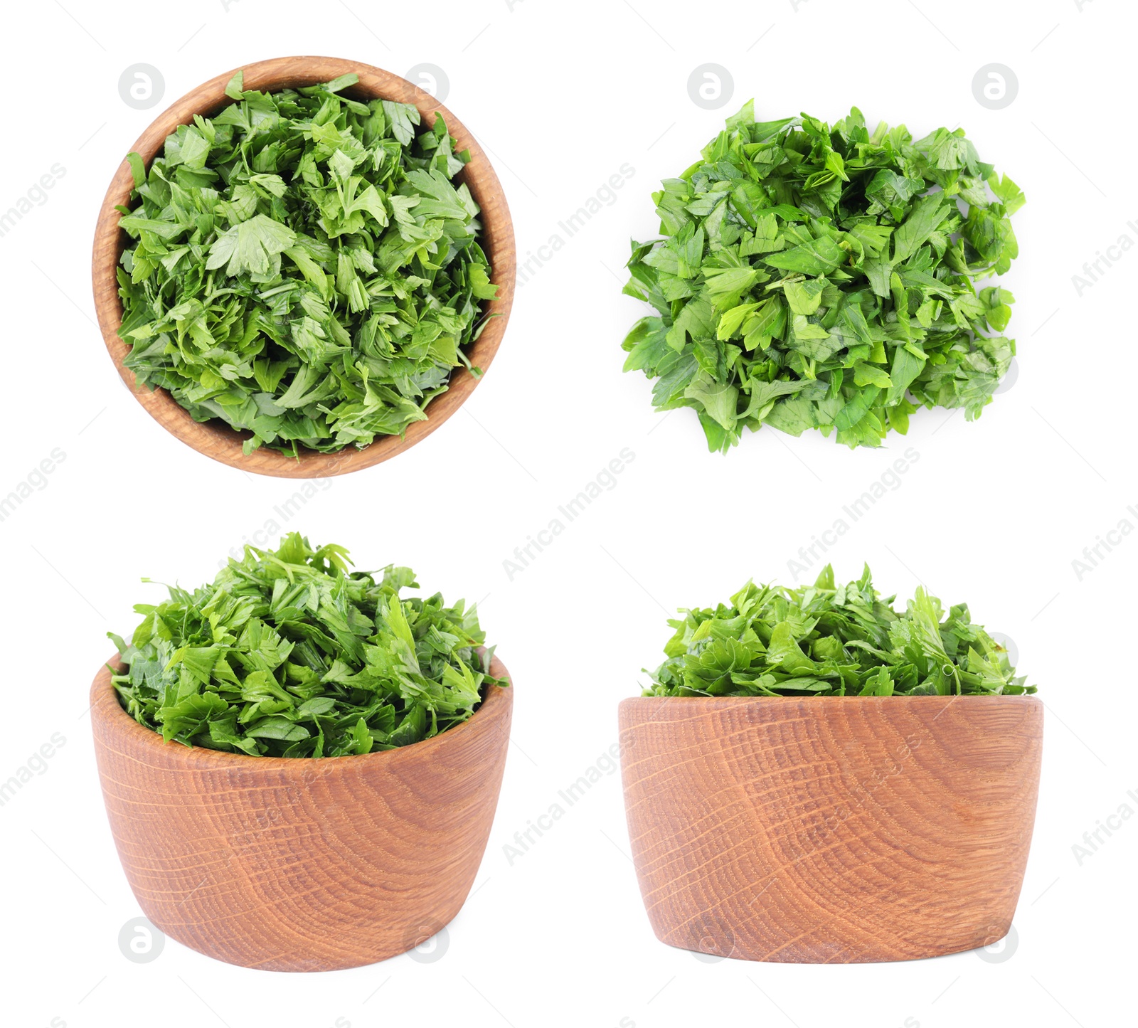 Image of Collage with cut parsley isolated on white, top and side views