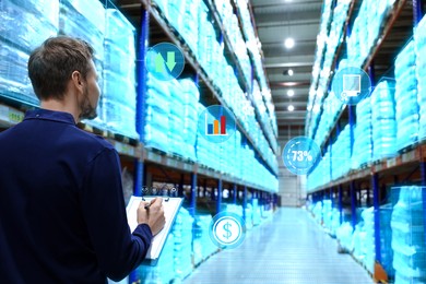 Digitalization. Manager working at warehouse. Photo with user interface overlay