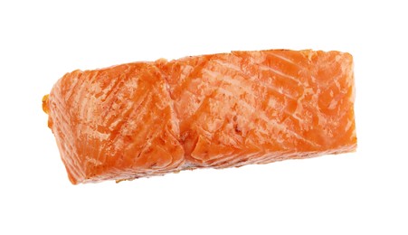 Photo of Piece of tasty grilled salmon isolated on white, top view