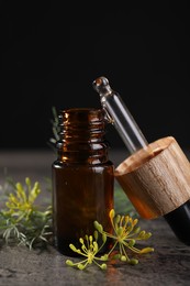 Photo of Bottle of essential oil, pipette and fresh dill on grey table, closeup