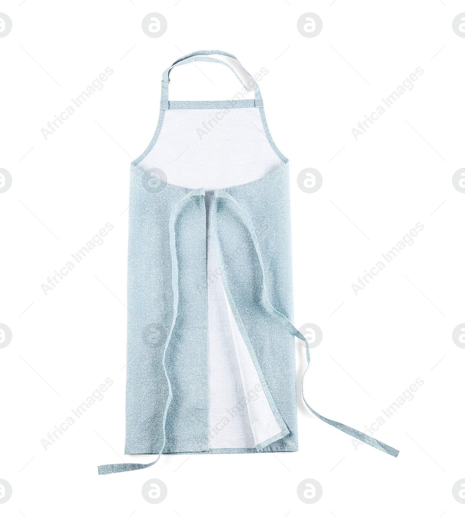 Photo of Light blue apron with pattern isolated on white, top view