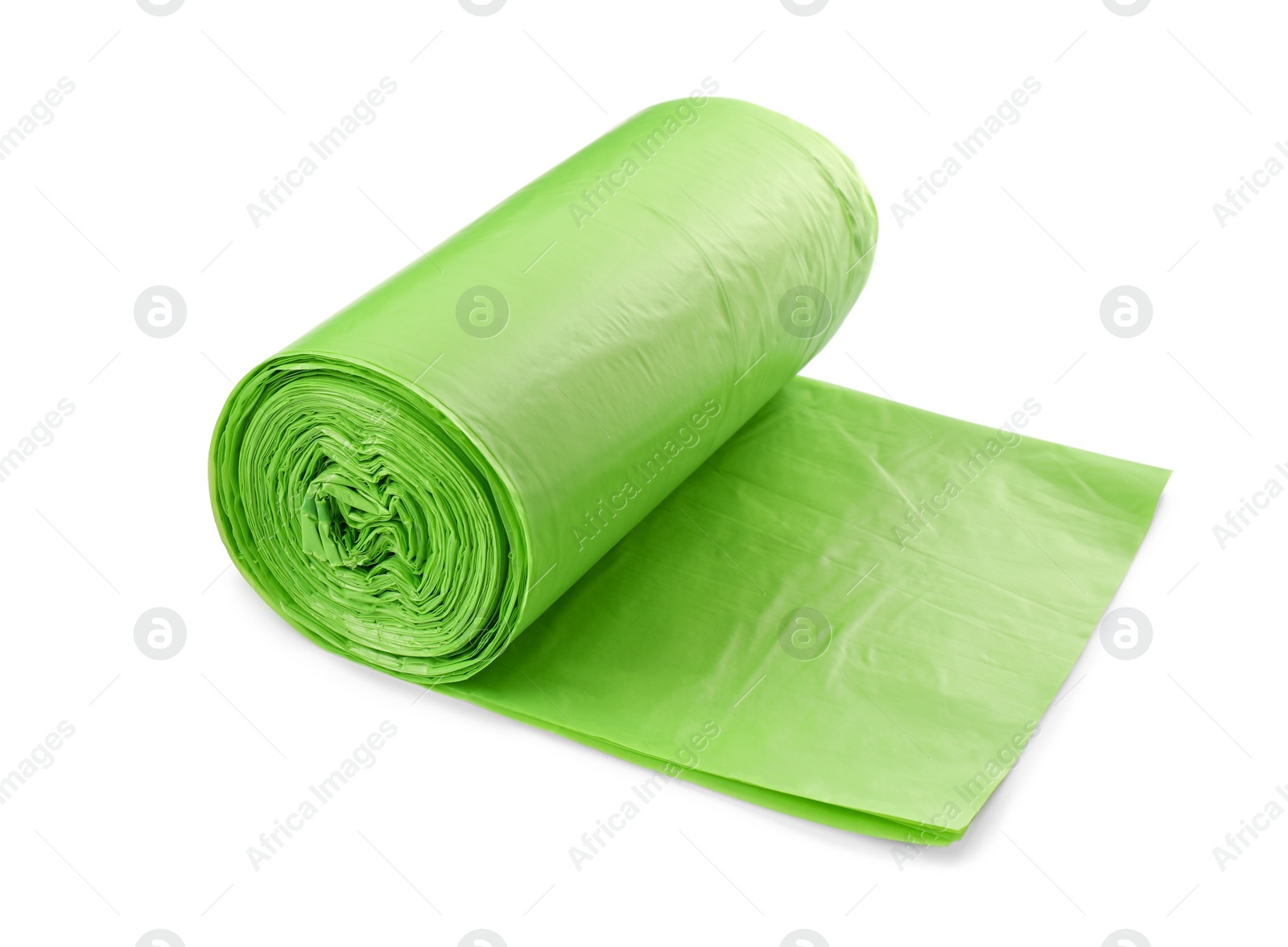 Photo of Roll of green garbage bags isolated on white