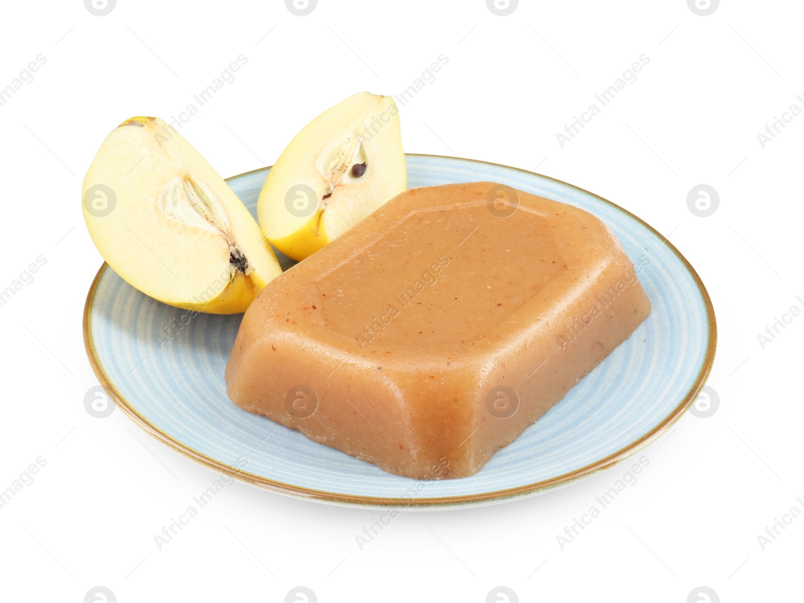 Photo of Delicious sweet quince paste and fresh cut fruit isolated on white