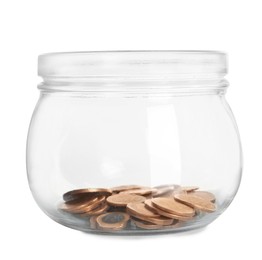 Glass jar with coins isolated on white