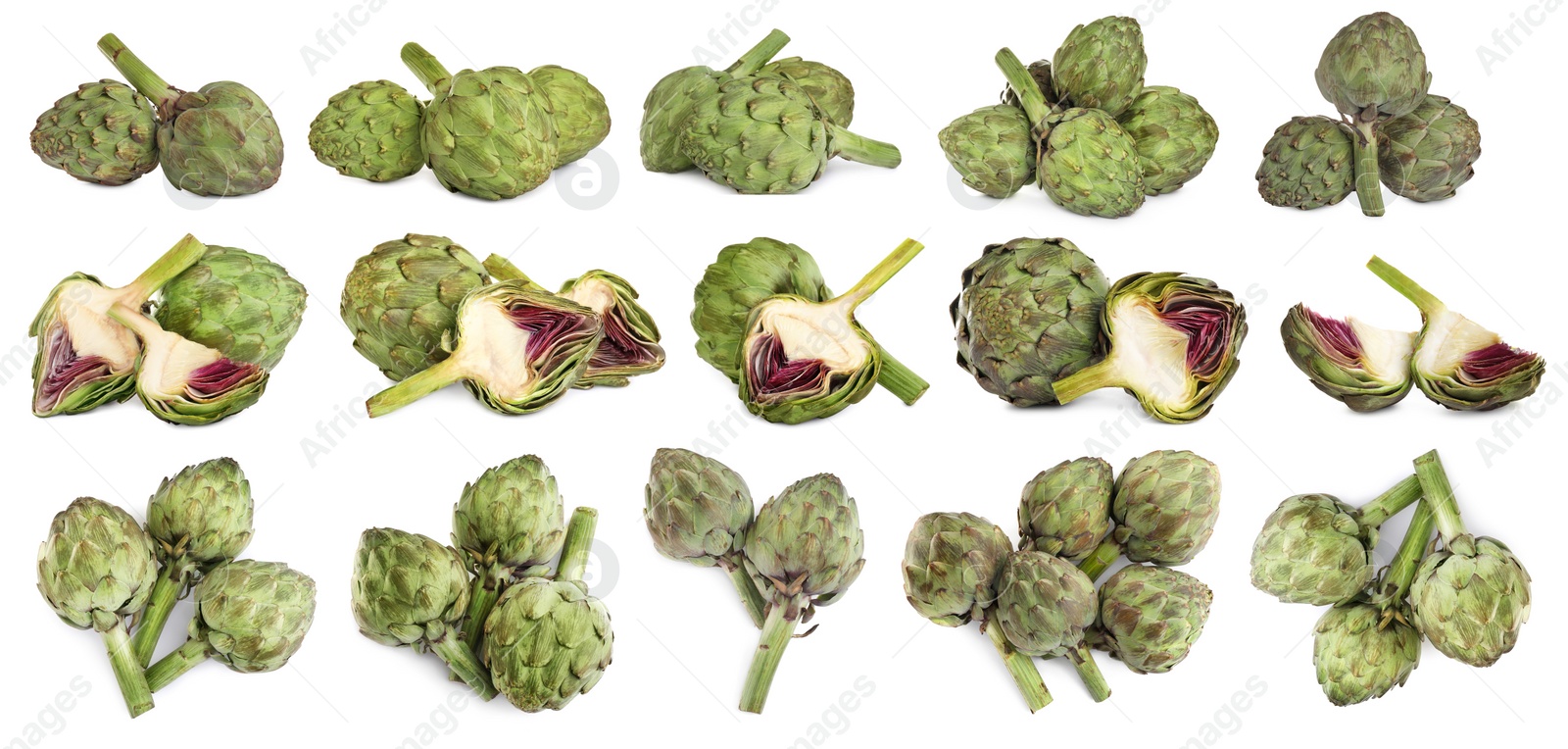 Image of Set with fresh raw artichokes on white background. Banner design 