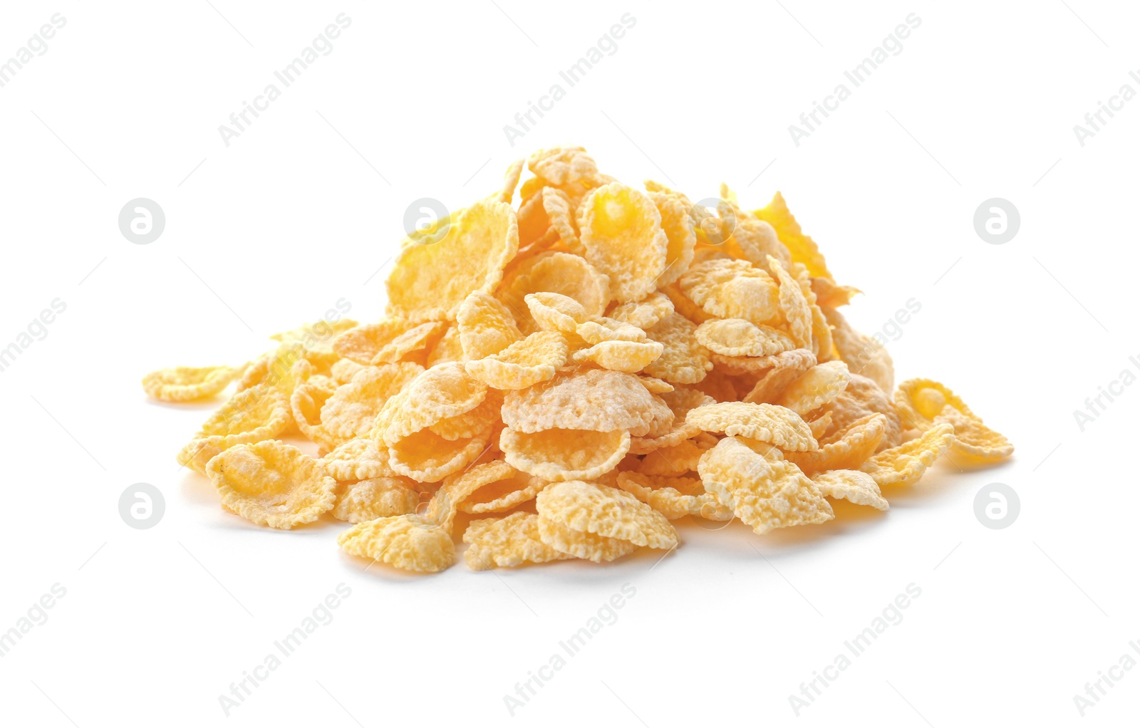 Photo of Corn flakes on white background. Healthy grains and cereals