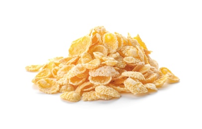 Corn flakes on white background. Healthy grains and cereals