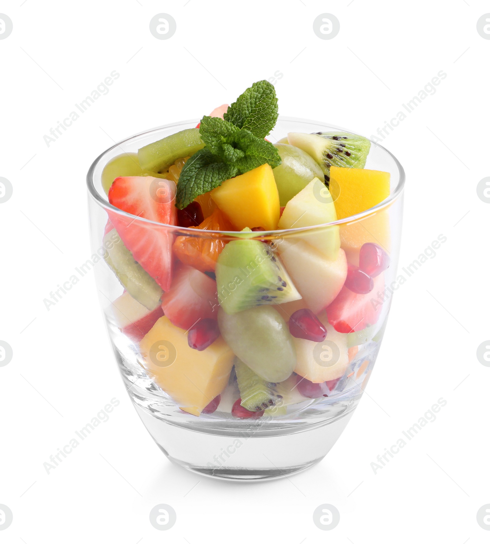 Photo of Delicious fresh fruit salad in dish on white background