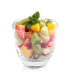 Photo of Delicious fresh fruit salad in dish on white background